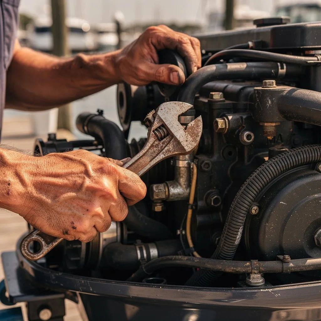 A mechanic working on an outboard engine with the cowling off, wrench in hand.